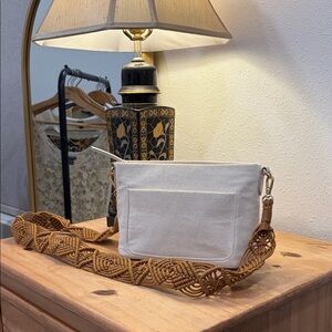 Stylish Canvas Crossbody Bag with Tan Strap